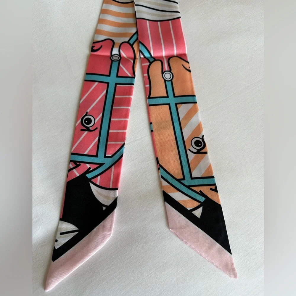 PINK BABY BLUE WHITE EQUESTRIAN HORSE SKINNY SCARF HANDBAG HANDLE WRAP HAIR TIE